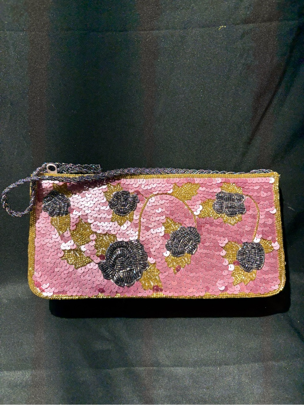 Pink Sequin Floral Wristlet Clutch with Beaded Detailing